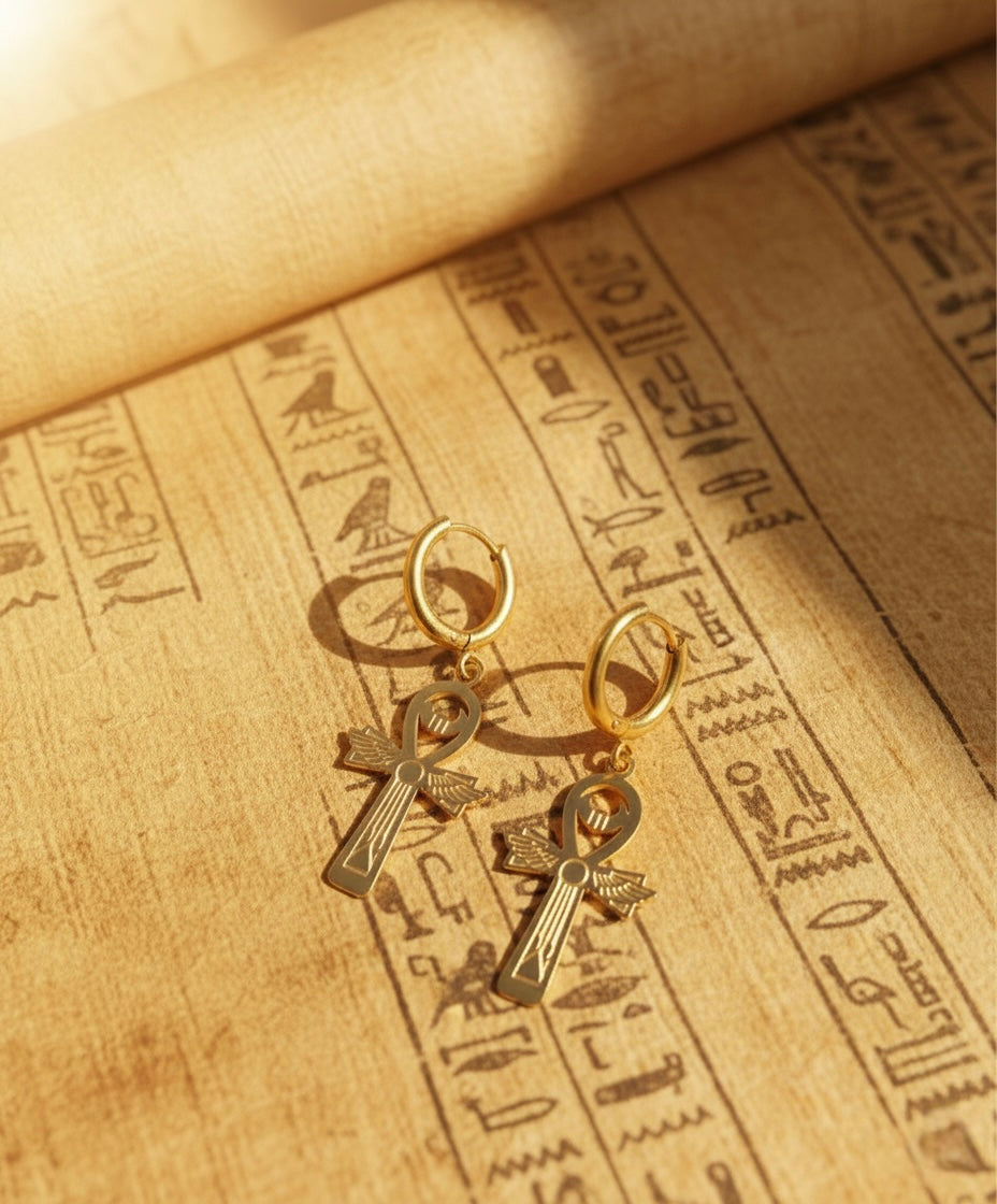 Ancient Egyptian Ankh & Winged Maat Hoop Earrings