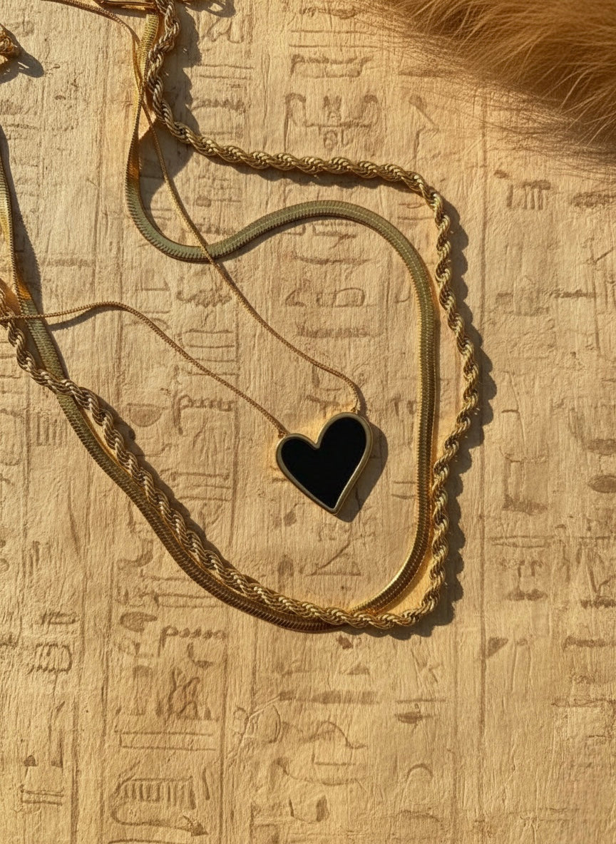 3-Piece Triple Layered Necklace Set with Black Onyx-Style Heart Pendant