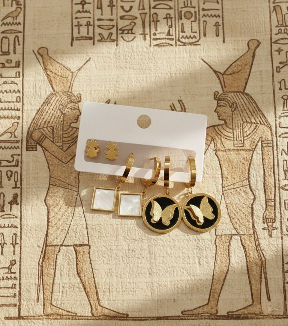 6-Piece earrings | Butterfly Medallions & Pearl-Effect Squares