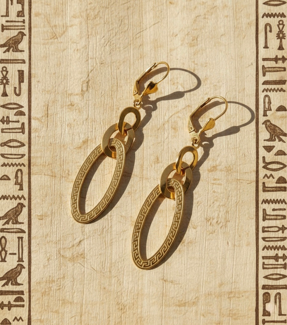 Elegant Greek Key Meander Oval Drop Earrings