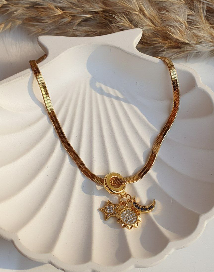 Celestial Charm Choker necklace– Snake Chain with Sun, Moon & Star Pendants