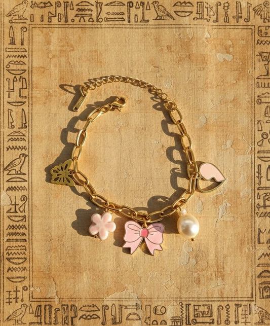 Pink Bow & Pearl Charm Bracelet