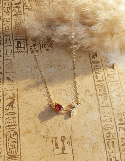 Rose Pendant Necklace with Red Gemstone & Sparkling Leaves