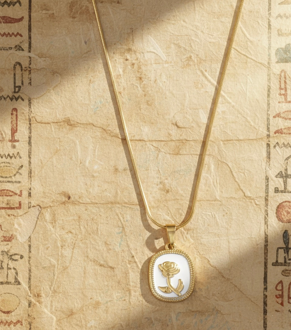 Vintage Rose Medallion Necklace – White Enamel Floral Pendant