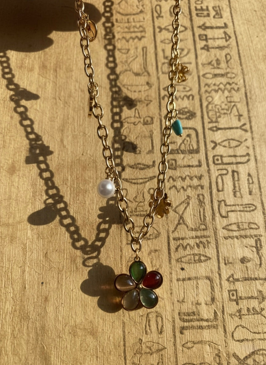 Vintage-Style Multi-Charm Floral Necklace