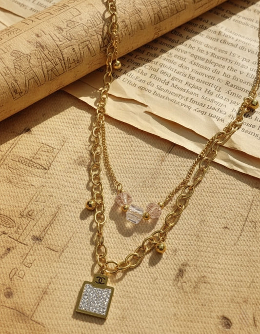 Vintage Chic Layered Chain Necklace with Crystal Perfume Pendant