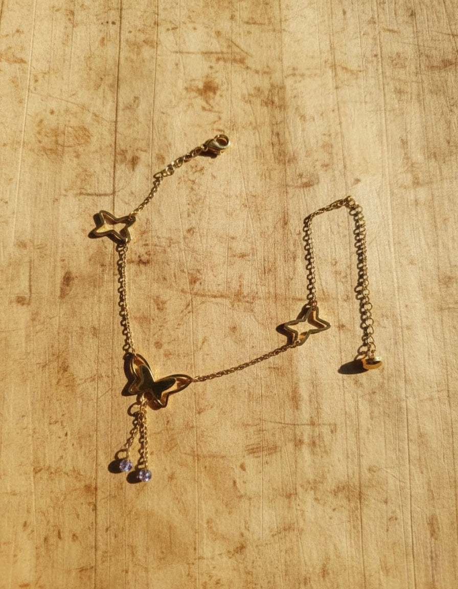 Gold Butterfly Charm Anklet with Crystal Dangles