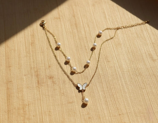 Double-Layer Pearl &amp; Butterfly Anklet