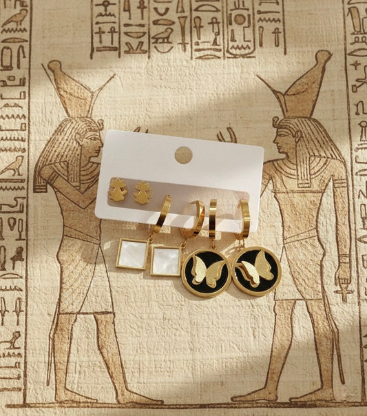 6-Piece earrings | Butterfly Medallions & Pearl-Effect Squares