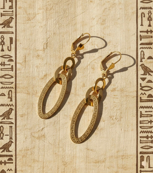Elegant Greek Key Meander Oval Drop Earrings